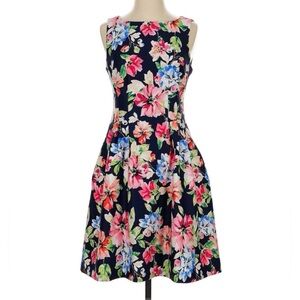 Navy Floral Sleeveless Fit and Flare Dress, Vince Camuto, Size 14